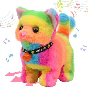 Hopearl Walking Cat Interactive Electronic Pet Plush Kitty Toy with Sounds and Movements Animated Meow Shake Head Wiggle Tail Gift for Toddlers Birthday, Rainbow, 7''