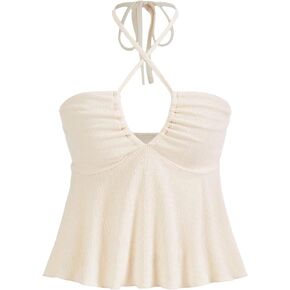 MakeMeChic Women's Solid Sleeveless Cut Out Peplum Blouse Crisscross Tie Backless Halter Crop Top