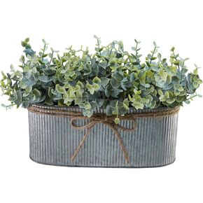 Winlyn Artificial Eucalyptus Arrangement in Rustic Oval Galvanized Metal Planter Box Faux Eucalyptus Bush Greenery Potted Plants for Farmhouse Indoor Home Office Table Centerpiece Kitchen Décor