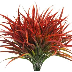 Uieke 28 Bundles Artificial Outdoor Plants UV Resistant Fake Grass Plants Faux Plastic Plants Greenery Shrubs for Home Garden Pathway Window Box Front Porch Cemetery Fall Decor, Autumn Red