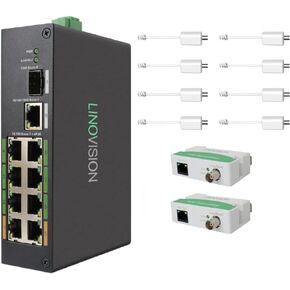LINOVISION Industrial 8-Port EOC & POE Switch with 2pcs EOC Transmitters, Long Reach PoE Over Coax or UTP Cable, Simplified Wiring, Upgrading Analog System to IP Surveillance System