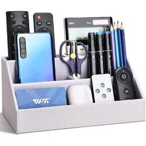 KINGFOM Pu Leather Desk Organizer with 5 Compartments Holder, Multi-Functional Office Supplies Storage Caddy for Pen/Pencil, Phones, Remote Controller and Desktop Accessorie Black