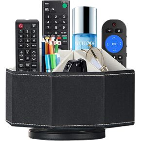 Swivel Remote Control Holder, 9 Rooms Desk Organizer and Decorations for Living Room, Leather Bedside Storage Caddy for TV Controllers/ Makeup Brush Pen/ Office Stationery/ Art Supplies/ Eyeglasses