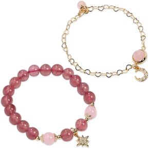 INS Style Women's Pink Crystal Healing Bracelet with Star and Moon Design - Ideal Gift for Women, Girlfriends, Wives, and Couples-star&moon, Small