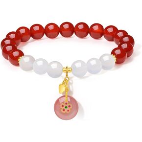 White Jade Bead Charm Bracelet Red Agate Beaded Bracelets with Pink Agate Bead Charm Gemstone Healing Stretch Bracelets for Women