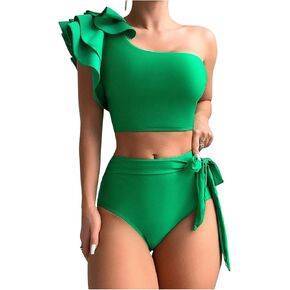 Women's 2 Piece Bikini Set Ruffle Trim One Shoulder Swimsuit High Waisted Bikini Set Swimsuit Bathing Suit