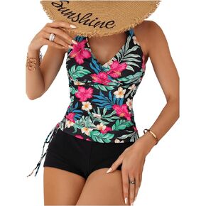 SOLY HUX Women's Beachwear Floral Print Tankini Bathing Suits Swim Tank Top with Boy Shorts Two Piece Swimsuit