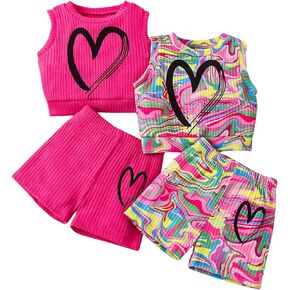 Floerns Toddler Girl's 4 Piece Outfits Rib Knit Heart Print Tank Top Track Shorts Sets
