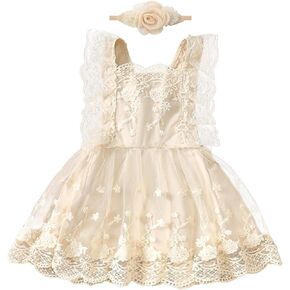 IDOPIP Baby Girls Boho Floral Lace Tutu Dress Toddler Flower Wedding Princess Birthday Party Dresses with Headband Outfit