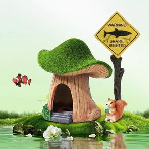 Aquarium Decoration Green Moss Mushroom House, Resin Fish Tank Decoration, Reptiles Fish and Shrimp Shelter Landscape Cave Decor