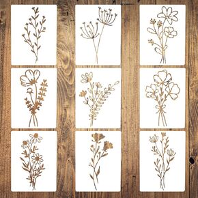 Stencils for Painting on Wood, 9Pcs Flower Stencils for Painting, Reusable Stencils for Painting, Wildflowers Stencil, Drawing Stencil for Painting on Wood, Wall, Furniture