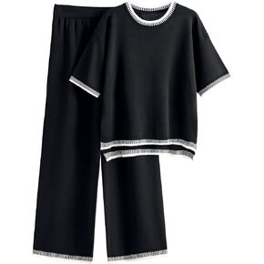 Womens Knitted 2 Piece Outfits Short Sleeve Pullover Top Wide Leg Pants Knit Tracksuit Lounge Sets