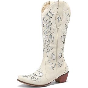 Glitter Rhinestone Cowboy Boots For Women Vintage Embroidered Cowgirl Boots Mid Calf Chunky Heel Sparkly Wedding Western Boots