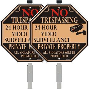 No Trespassing Sign Private Property with 28" Alloy Long Stake - 10 x 10 Inches 24 Hour Video Surveillance Signs, Rust-Free& Fade Resistant (2 Pack)
