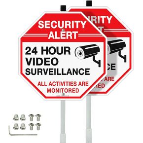 Faittoo Security Sign Video Surveillance Sign with 36" Stake for Outside, 12"x12" Rust Free Heavy Aluminum, Reflective, Fade Resistant, 2 pre-drilled holes, Includes Matching Screws & Wrench, Easy to