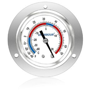 Cooler Thermometer Comercial Freezer Thermometer Capillary Design Refrigeration Gauge, Range -40 to 65 ℉ / -40 to 20℃, 2" Dial Stainless Steel Flanged Panel Mount