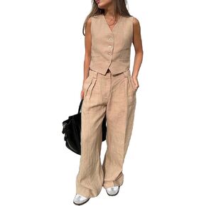 أطقم كتان للسيدات مكونة من قطعتين من سترة بياقة على شكل حرف V وبنطلون بأرجل واسعة in Kuwait