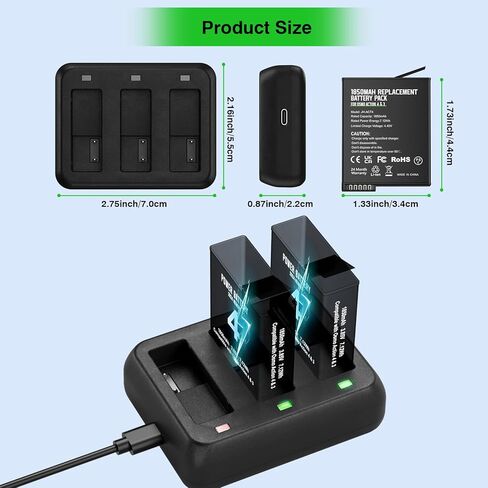 2Pcs Osmo Action 4&3 Battery Pack with Charger Battery Compatible with Osmo Action 3 4，Pack of 2 Batteries with Dual Charging Hub in Kuwait