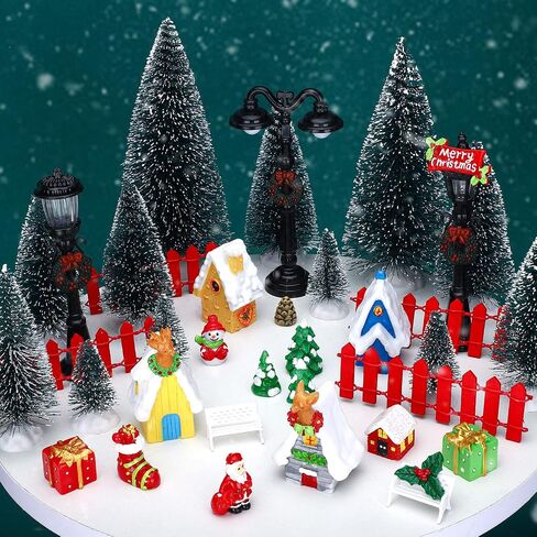 39 Pcs Christmas Village Houses Figurines Decoration Set Christmas Miniature Ornaments Mini Garden Accessories Kit with Santa Claus Snowmen Reindeer Bench Street Lamps Christmas Tree in Saudi Arabia