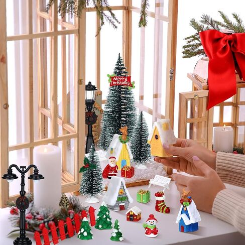 39 Pcs Christmas Village Houses Figurines Decoration Set Christmas Miniature Ornaments Mini Garden Accessories Kit with Santa Claus Snowmen Reindeer Bench Street Lamps Christmas Tree in Saudi Arabia