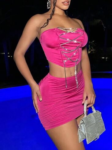 GORGLITTER Women's 2 Piece Outfit Rhinestone Lace Up Sleeveless Crop Tube Top Ruched Bodycon Mini Skirt Set in Saudi Arabia