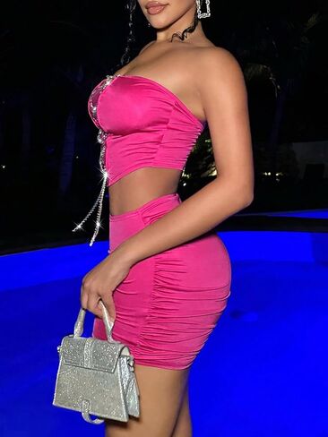 GORGLITTER المرأة قطعتين الزي حجر الراين الدانتيل يصل بلا أكمام المحاصيل صديرية دائرية Ruched Bodycon تنورة صغيرة مجموعة in Saudi Arabia