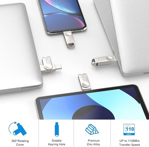 محرك أقراص فلاش USB C بسعة 128 جيجابايت من JUANWE، محرك أقراص فلاش USB 3.0 مزدوج من النوع C + محرك أقراص فلاش USB صغير دوار فريد من نوعه UDP-Tech مقاوم للماء مع فتحة حلقة مفاتيح OTG محرك فلاش للكمبيوتر الشخصي والهواتف الذكية والكمبيوتر اللوحي Mac in Kuwait