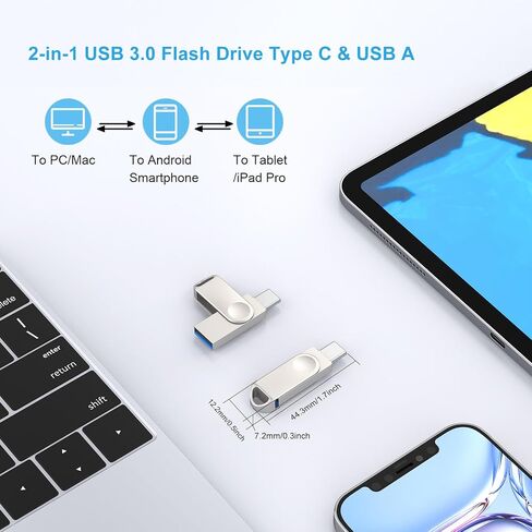 محرك أقراص فلاش USB C بسعة 128 جيجابايت من JUANWE، محرك أقراص فلاش USB 3.0 مزدوج من النوع C + محرك أقراص فلاش USB صغير دوار فريد من نوعه UDP-Tech مقاوم للماء مع فتحة حلقة مفاتيح OTG محرك فلاش للكمبيوتر الشخصي والهواتف الذكية والكمبيوتر اللوحي Mac in Kuwait