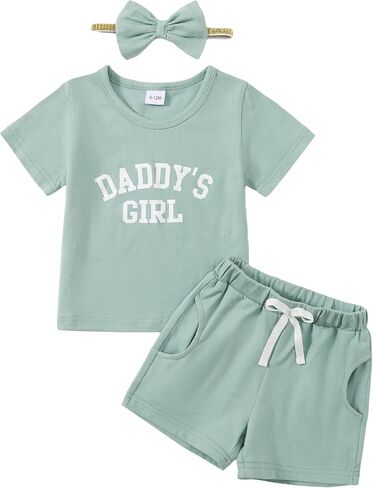 Baby Girls Short Set Daddy's Girls Letter Print Cute Summer Clothes Outfit Set with Headband 3Pcs in Saudi Arabia