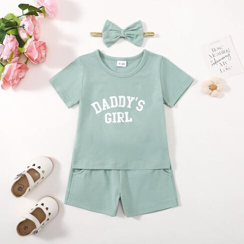 Baby Girls Short Set Daddy's Girls Letter Print Cute Summer Clothes Outfit Set with Headband 3Pcs in Saudi Arabia