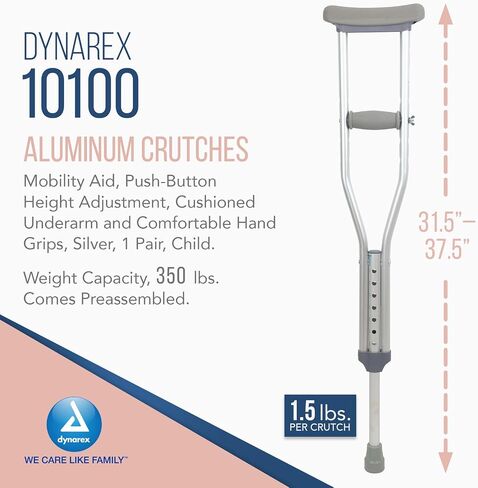 Dynarex Aluminum Crutches-Child Size, 4'0" to 4'6", Push-Button Height Adjustment, Cushioned Underarm & Comfortable Hand Grips, 350 lb. Weight Capacity, 1 Pair in Saudi Arabia
