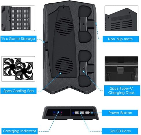 Vertical Stand for Playstation 5 with Cooling Fan Charging Dual Controllers Slot in Saudi Arabia