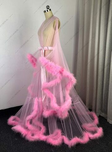 Old Hollywood Feather Robe Sexy Boudoir Robe Feather Bridal Robe Tulle Illusion Long Wedding Scarf New Custom Made in Saudi Arabia