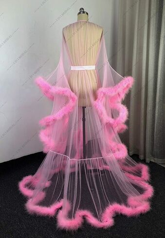 Old Hollywood Feather Robe Sexy Boudoir Robe Feather Bridal Robe Tulle Illusion Long Wedding Scarf New Custom Made in Saudi Arabia