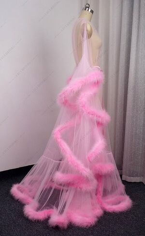 Old Hollywood Feather Robe Sexy Boudoir Robe Feather Bridal Robe Tulle Illusion Long Wedding Scarf New Custom Made in Saudi Arabia