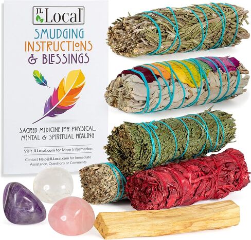 مجموعة تلطيخ Earth & Air Sage - 7 زهرة شاكرا المريمية البيضاء، المريمية الزرقاء، دم التنين، الأرز، إكليل الجبل، بالو سانتو، الجمشت، الكوارتز الشفاف والوردي، تعليمات وحقيبة in Kuwait