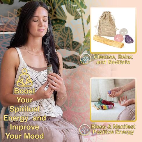 مجموعة تلطيخ Earth & Air Sage - 7 زهرة شاكرا المريمية البيضاء، المريمية الزرقاء، دم التنين، الأرز، إكليل الجبل، بالو سانتو، الجمشت، الكوارتز الشفاف والوردي، تعليمات وحقيبة in Kuwait