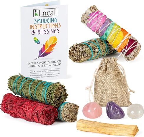 مجموعة تلطيخ Earth & Air Sage - 7 زهرة شاكرا المريمية البيضاء، المريمية الزرقاء، دم التنين، الأرز، إكليل الجبل، بالو سانتو، الجمشت، الكوارتز الشفاف والوردي، تعليمات وحقيبة in Kuwait