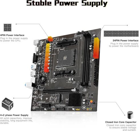 اللوحة الأم SHANGZHOAYUAN B450 AM4 اللوحة الأم للألعاب لمعالج AMD Ryzen الجيل 1-5 (DDR4 Max 64GB، NVME/NGFF M.2، PCIe 3.0، SATA 3.0، USB 3.0، Gb LAN) in Kuwait