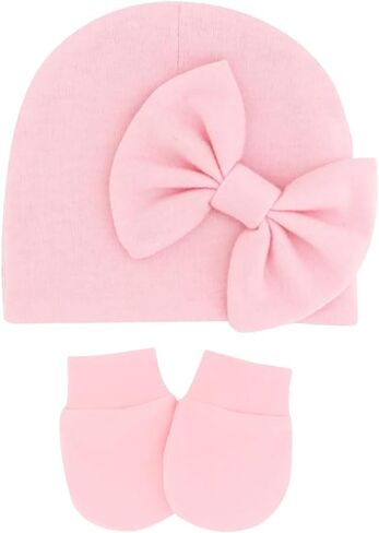 1 Set Newborn Baby Hospital Hats Mittens Soft Bow Infant Cap Cute Nursery Beanie Baby No Scratch Gloves for Boys Girls in Saudi Arabia
