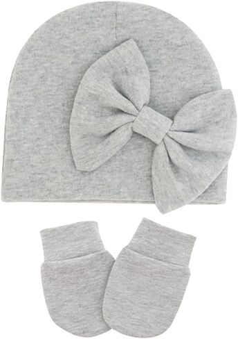 1 Set Newborn Baby Hospital Hats Mittens Soft Bow Infant Cap Cute Nursery Beanie Baby No Scratch Gloves for Boys Girls in Saudi Arabia