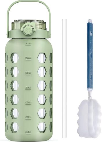 MUKOKO Half Gallon/64 oz Glass Water Bottles with Straw and Lid,Motivational Water Jug with Time Marker Reminder and Silicone Sleeve,100% Leakproof BPA Free Fitness Sports Large Bottle-Green in Saudi Arabia