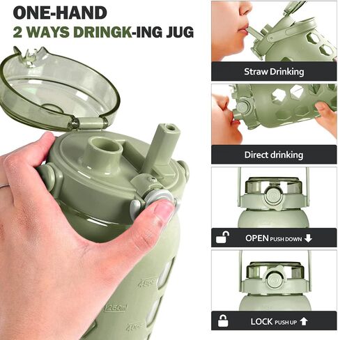 MUKOKO Half Gallon/64 oz Glass Water Bottles with Straw and Lid,Motivational Water Jug with Time Marker Reminder and Silicone Sleeve,100% Leakproof BPA Free Fitness Sports Large Bottle-Green in Saudi Arabia