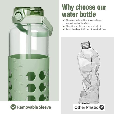 MUKOKO Half Gallon/64 oz Glass Water Bottles with Straw and Lid,Motivational Water Jug with Time Marker Reminder and Silicone Sleeve,100% Leakproof BPA Free Fitness Sports Large Bottle-Green in Saudi Arabia
