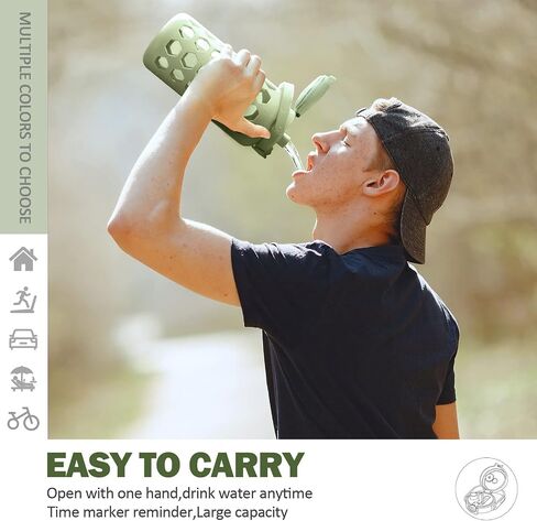 MUKOKO Half Gallon/64 oz Glass Water Bottles with Straw and Lid,Motivational Water Jug with Time Marker Reminder and Silicone Sleeve,100% Leakproof BPA Free Fitness Sports Large Bottle-Green in Saudi Arabia
