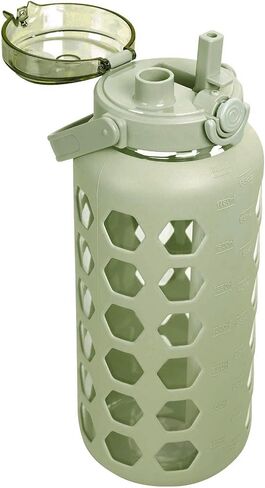 MUKOKO Half Gallon/64 oz Glass Water Bottles with Straw and Lid,Motivational Water Jug with Time Marker Reminder and Silicone Sleeve,100% Leakproof BPA Free Fitness Sports Large Bottle-Green in Saudi Arabia