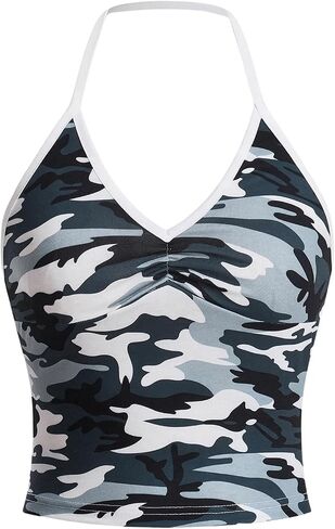 COZYEASE Women's Camo Print V Neck Sleeveless Crop Tops Casual Ruched Backless Halter Tops in Saudi Arabia