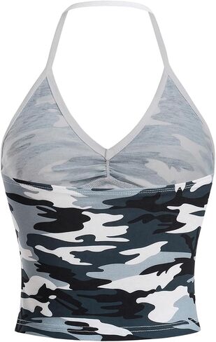 COZYEASE Women's Camo Print V Neck Sleeveless Crop Tops Casual Ruched Backless Halter Tops in Saudi Arabia