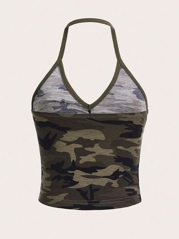 COZYEASE Women's Camo Print V Neck Sleeveless Crop Tops Casual Ruched Backless Halter Tops in Saudi Arabia