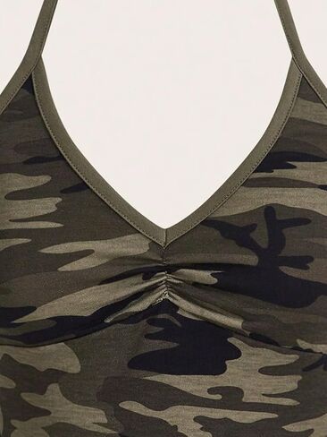 COZYEASE Women's Camo Print V Neck Sleeveless Crop Tops Casual Ruched Backless Halter Tops in Saudi Arabia